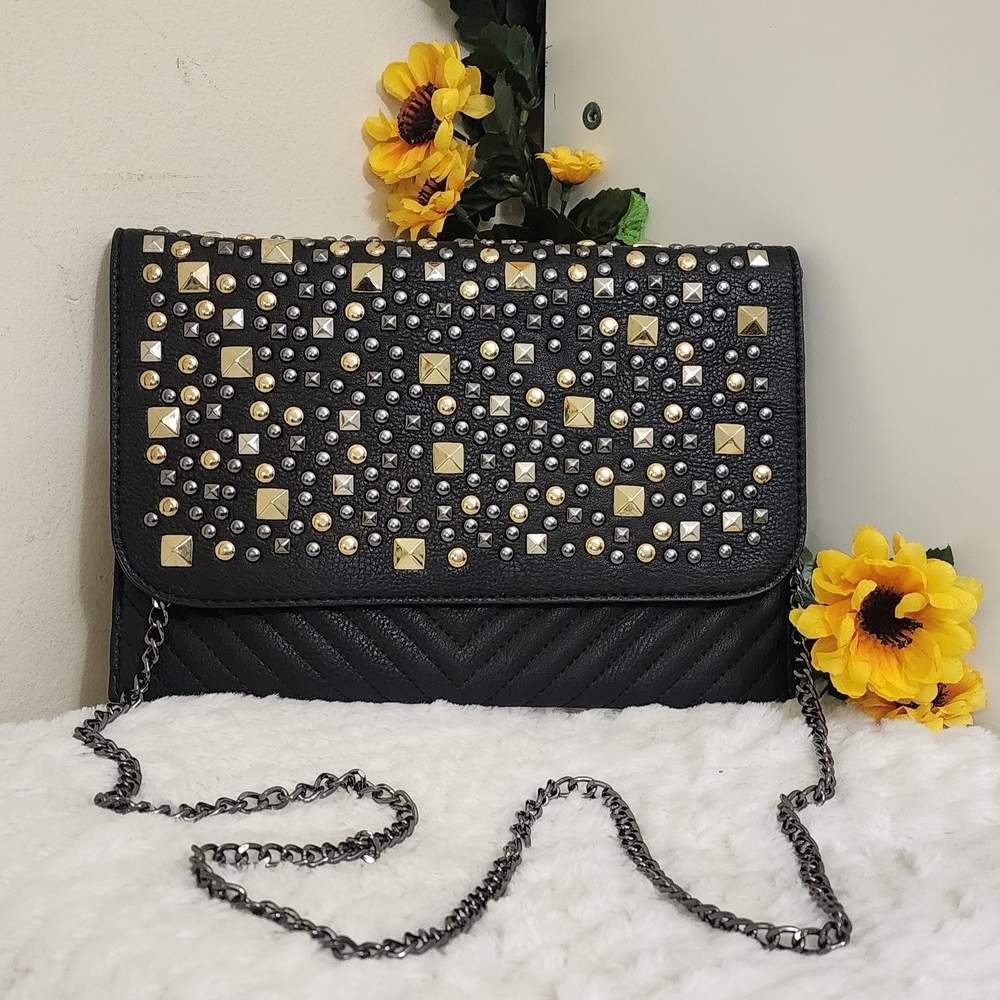 Black Studded Crossbody Bag with Chain Strap